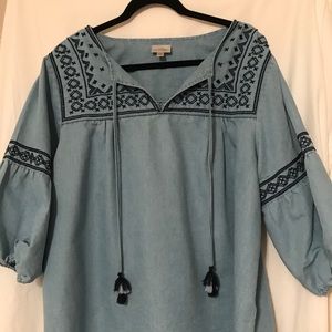 Denim embroidered tunic with tassels